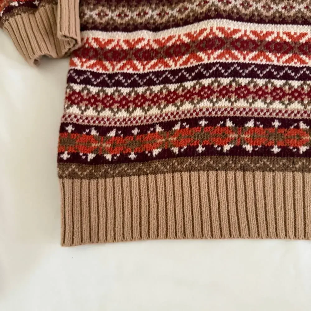Vtg Y2K 2000s Orange Stipe Pullover Wool Sweater XL Nordic Fair Isle Knit
